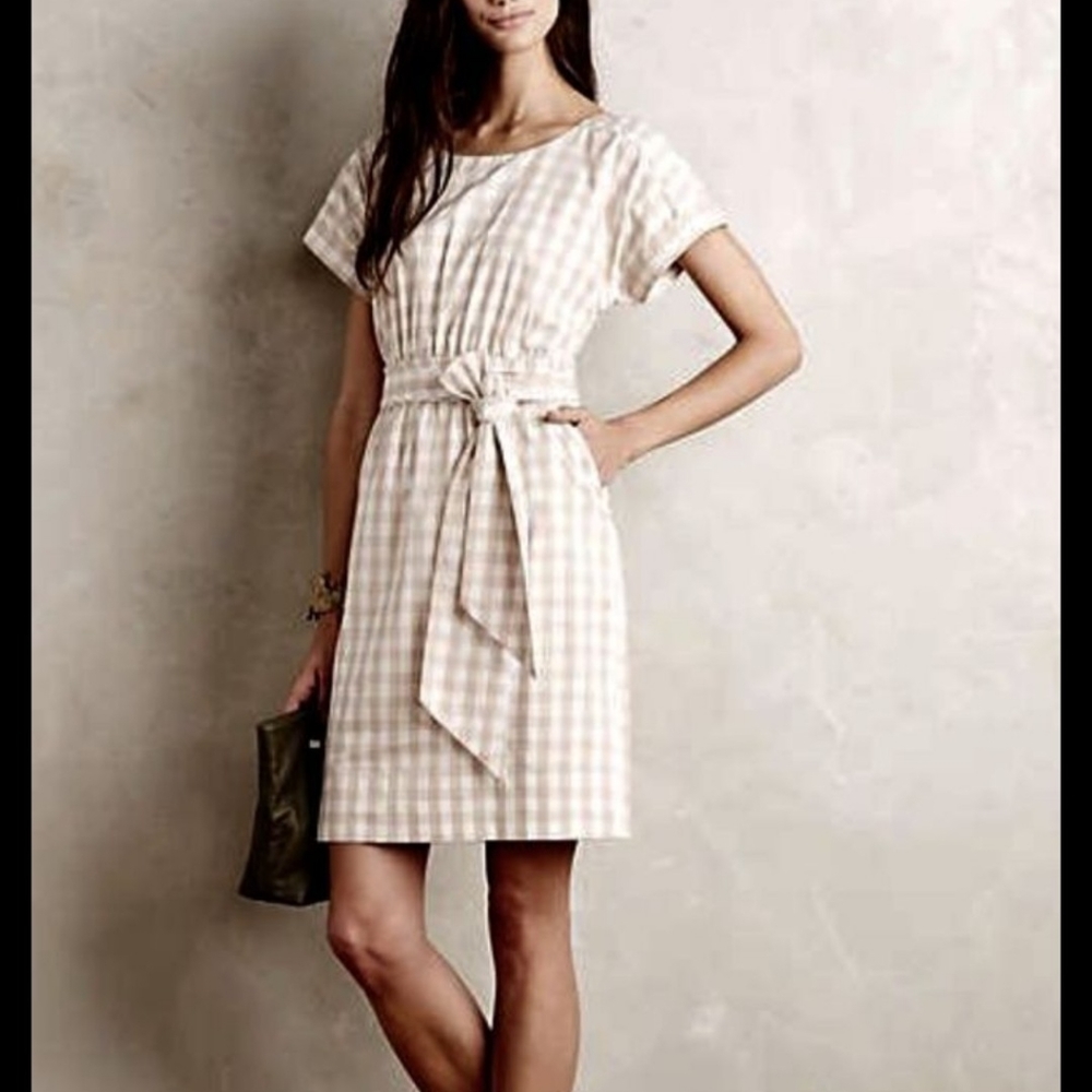 HD IN Paris Anthropologie gingham plaid Tan  and Ivory dress